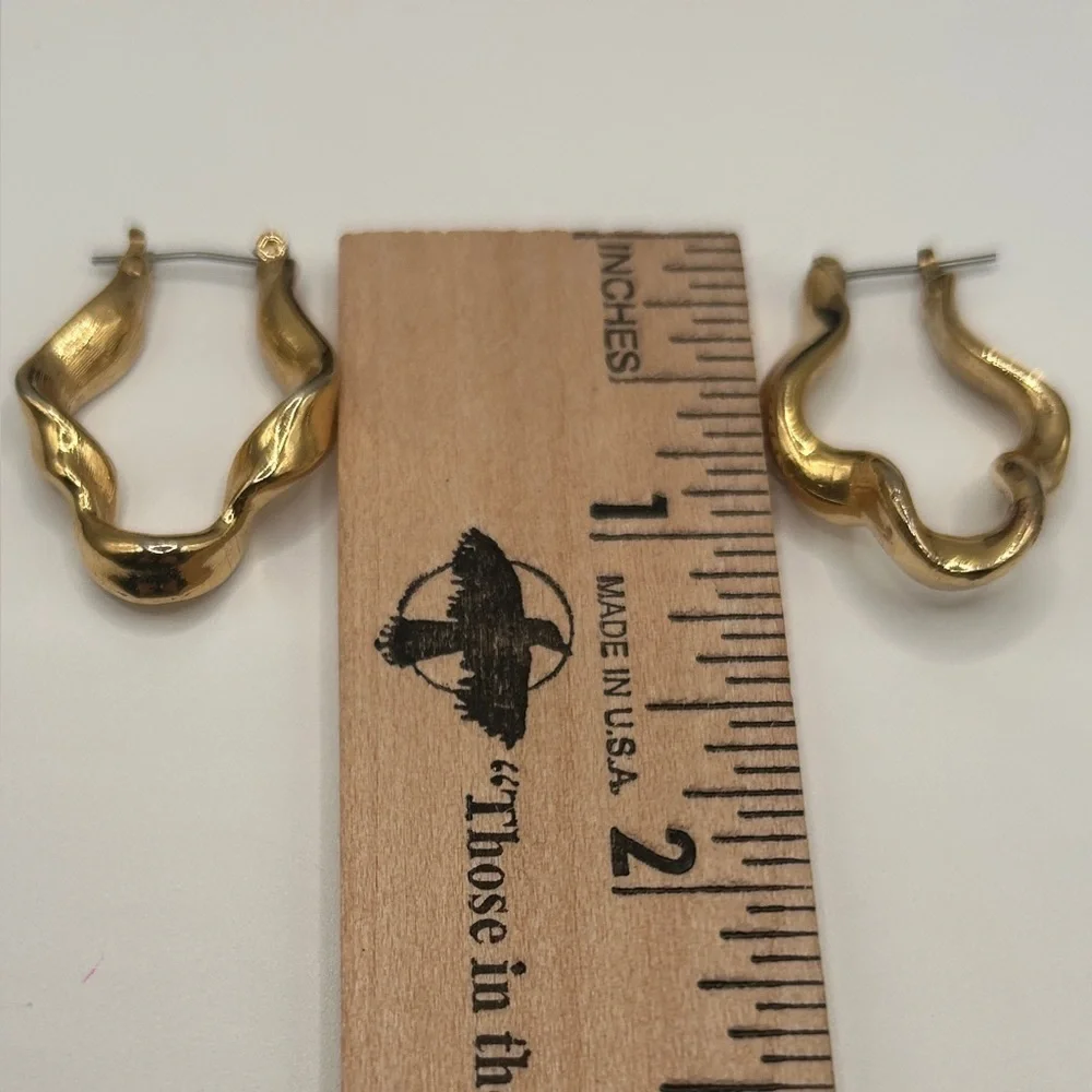 Gold Dangle Hoop Earrings with Intricate Design - Picture 2 of 4
